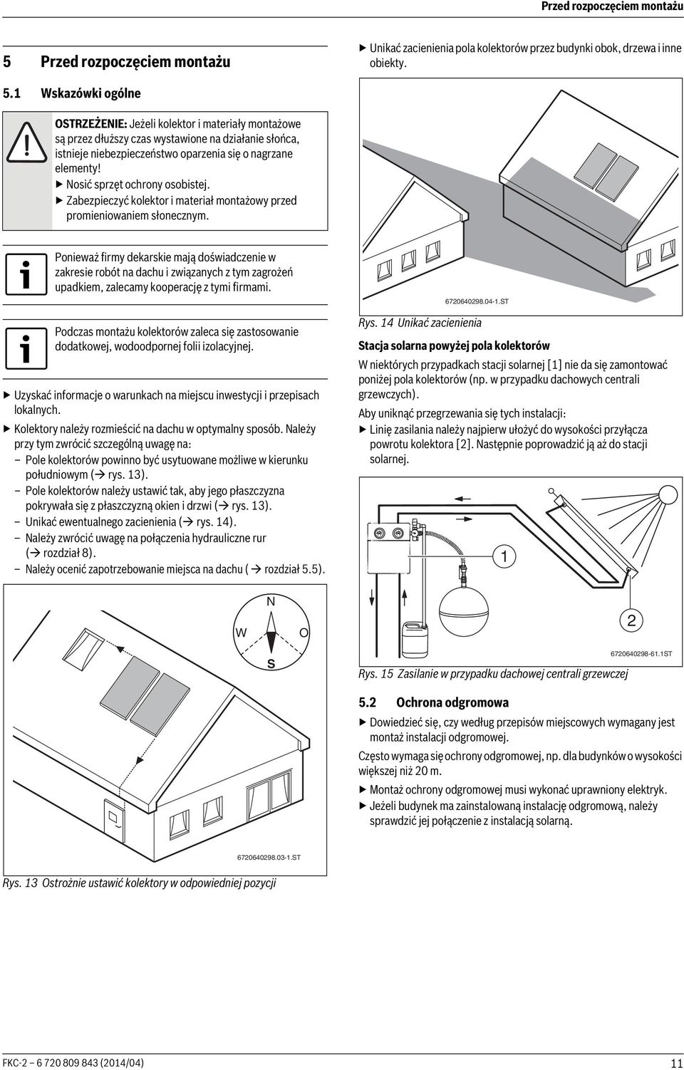 Wskazówki ogólne OSTRZEŻENIE: Jeżeli kolektor i materiały montażowe są przez dłuższy czas wystawione na działanie słońca, istnieje niebezpieczeństwo oparzenia się o nagrzane elementy!