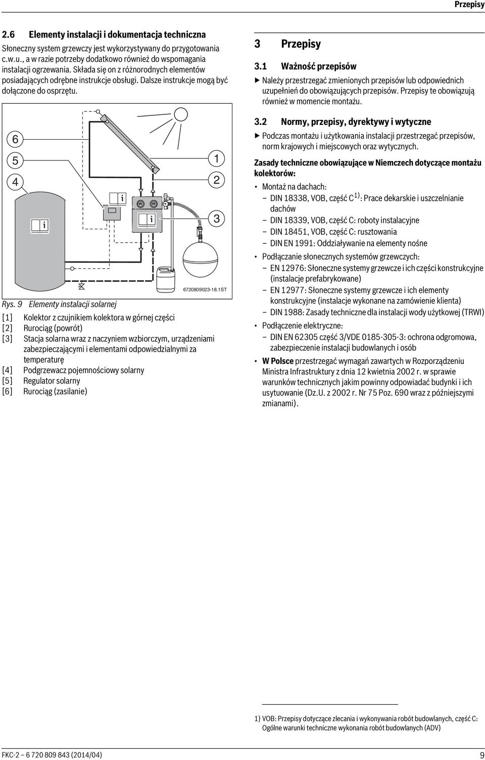 9 Elementy instalacji solarnej [] Kolektor z czujnikiem kolektora w górnej części [] Rurociąg (powrót) [3] Stacja solarna wraz z naczyniem wzbiorczym, urządzeniami zabezpieczającymi i elementami