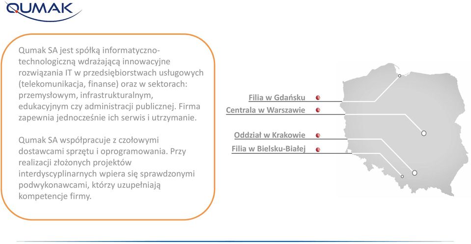 Firma zapewnia jednocześnie ich serwis i utrzymanie. Qumak SA współpracuje z czołowymi dostawcami sprzętu i oprogramowania.