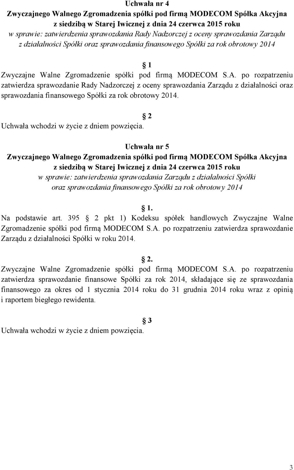 po rozpatrzeniu zatwierdza sprawozdanie Rady Nadzorczej z oceny sprawozdania Zarządu z działalności oraz sprawozdania finansowego Spółki za rok obrotowy 2014.