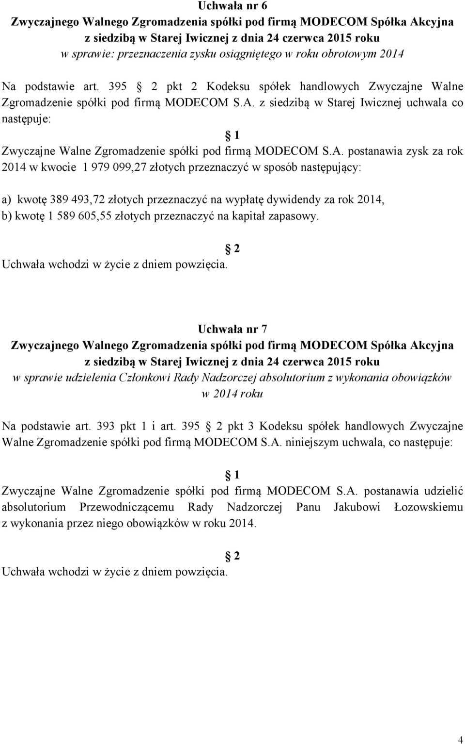 z siedzibą w Starej Iwicznej uchwala co następuje: Zwyczajne Walne Zgromadzenie spółki pod firmą MODECOM S.A.