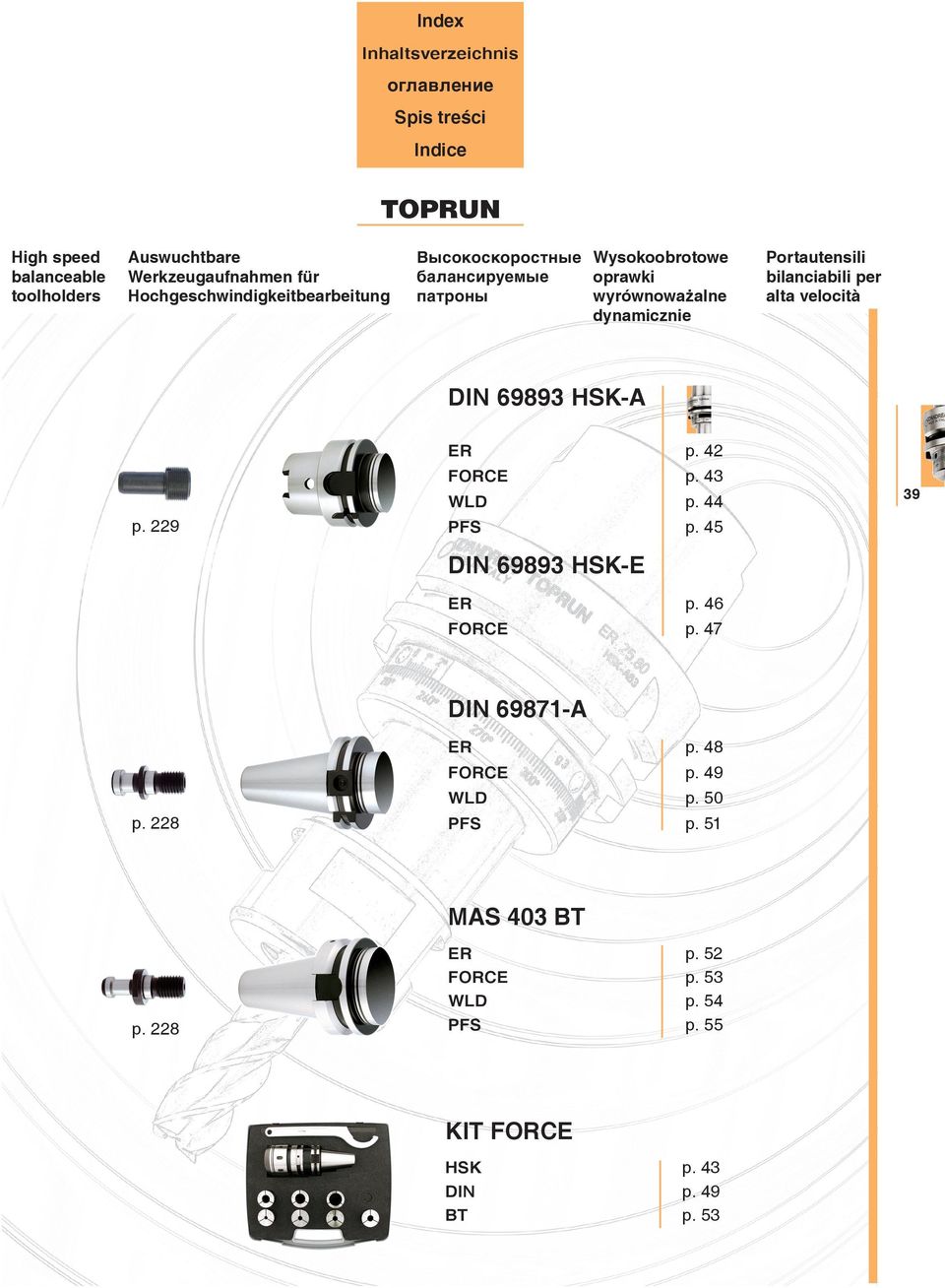 Portautensili bilanciabili per alta velocità DIN 69893 HSK-A WLD p. 229 PFS p. 42 p. 43 p. 44 p. 45 DIN 69893 HSK-E p. 46 p.