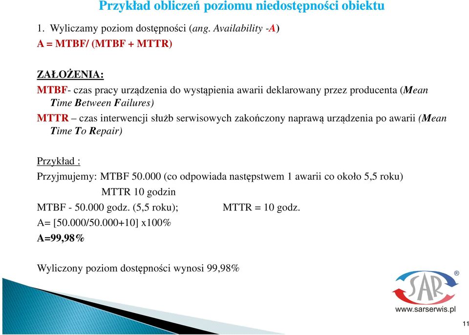 Between Failures) MTTR czas interwencji słub serwisowych zakoczony napraw urzdzenia po awarii (Mean Time To Repair) Przykład : Przyjmujemy: