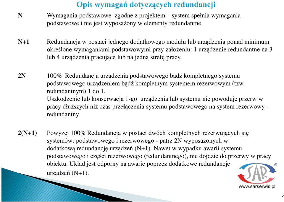 stref pracy. 2N 100% Redundancja urzdzenia podstawowego bd kompletnego systemu podstawowego urzdzeniem bd kompletnym systemem rezerwowym (tzw. redundantnym) 1 do 1.