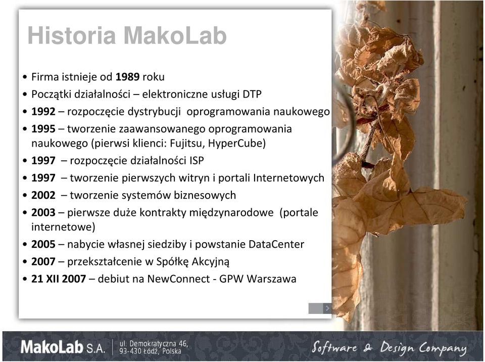 tworzenie pierwszych witryn i portali Internetowych 2002 tworzenie systemów biznesowych 2003 pierwsze duże kontrakty międzynarodowe (portale