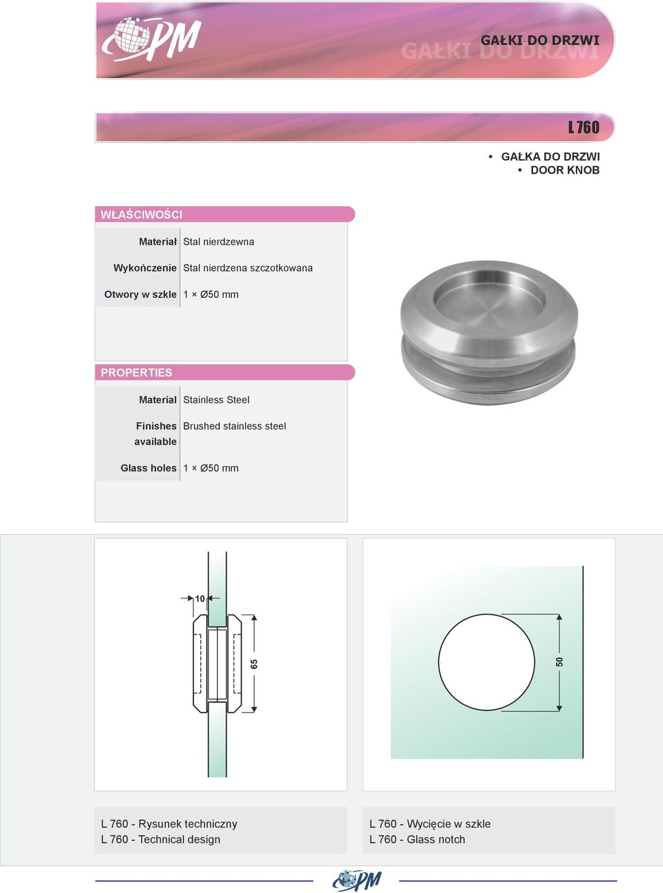Brushed stainless steel Glass holes 1 Ø50 mm L 760 - Rysunek