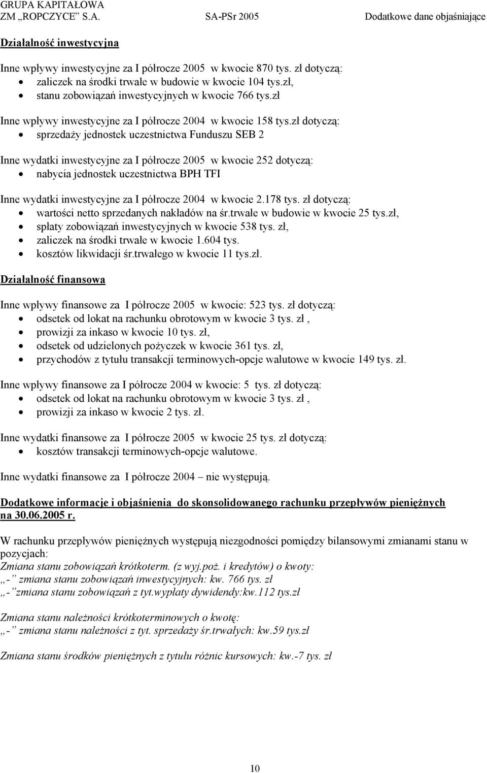 zł dotyczą: sprzedaży jednostek uczestnictwa Funduszu SEB 2 Inne wydatki inwestycyjne za I półrocze 2005 w kwocie 252 dotyczą: nabycia jednostek uczestnictwa BPH TFI Inne wydatki inwestycyjne za I