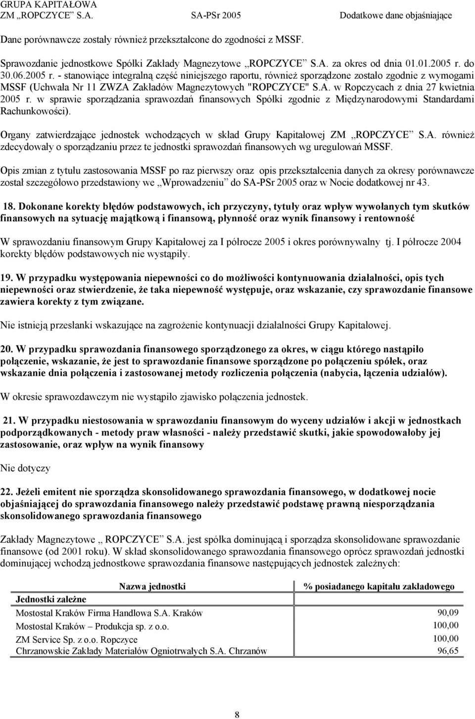 w sprawie sporządzania sprawozdań finansowych Spółki zgodnie z Międzynarodowymi Standardami Rachunkowości). Organy zatwierdzające jednostek wchodzących w skład Grupy Kapitałowej ZM ROPCZYCE S.A.