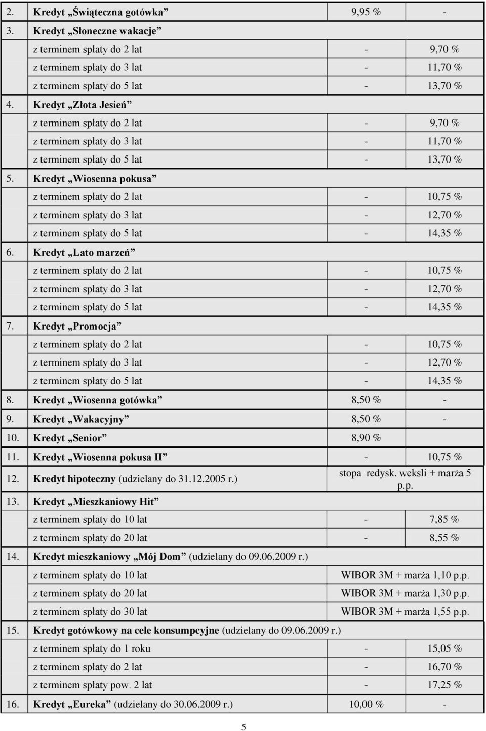 Kredyt Wiosenna pokusa z terminem spłaty do 2 lat - 10,75 % z terminem spłaty do 3 lat - 12,70 % z terminem spłaty do 5 lat - 14,35 % 6.