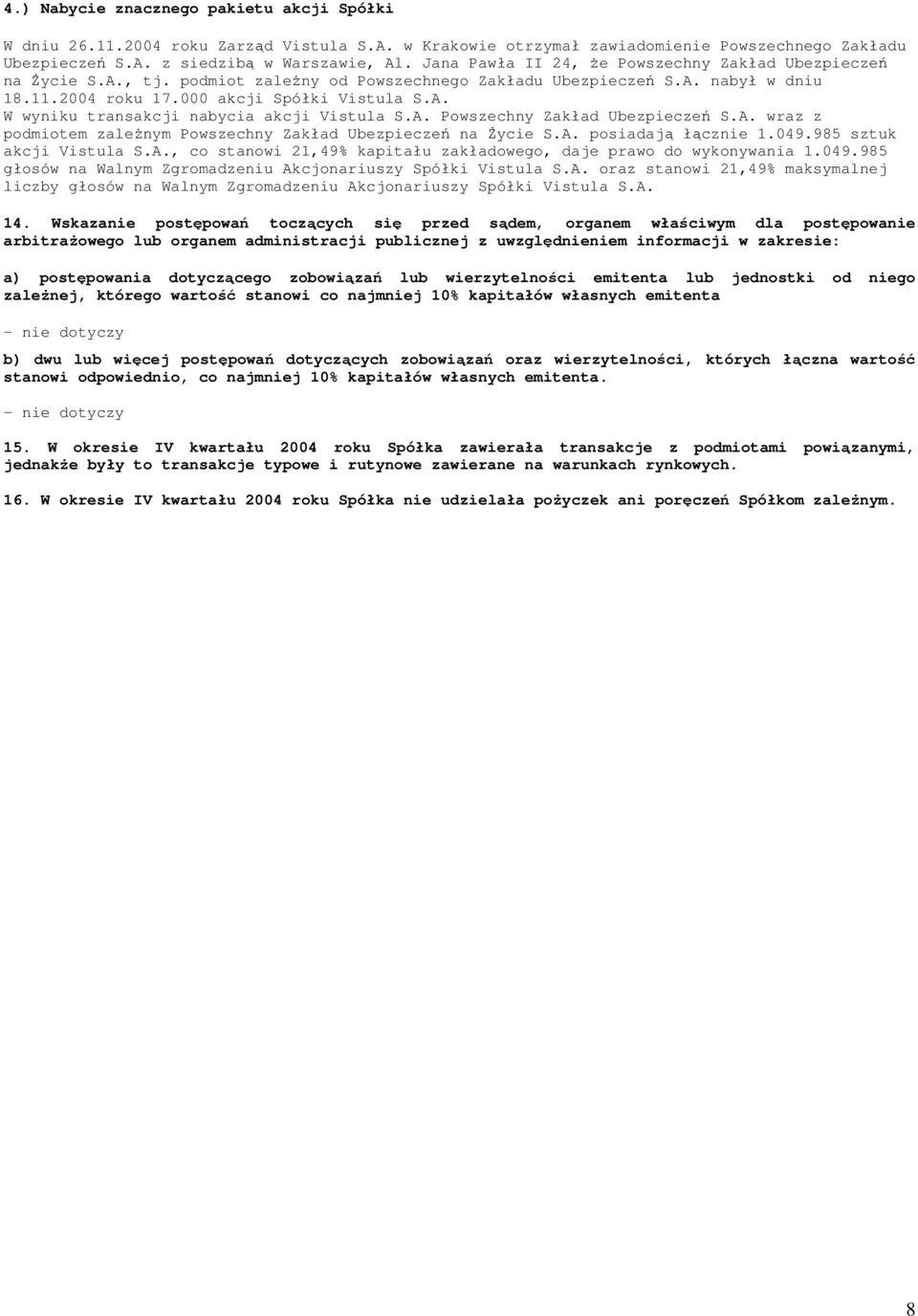 A. Powszechny Zakład Ubezpieczeń S.A. wraz z podmiotem zaleŝnym Powszechny Zakład Ubezpieczeń na śycie S.A. posiadają łącznie 1.049.985 sztuk akcji Vistula S.A., co stanowi 21,49% kapitału zakładowego, daje prawo do wykonywania 1.