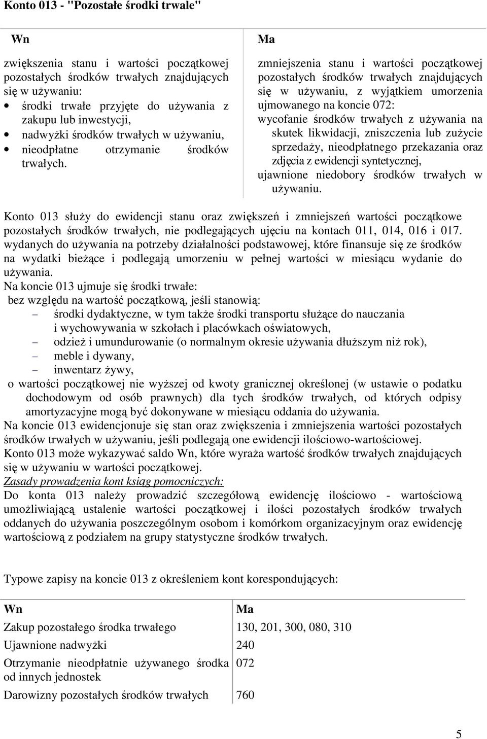 zmniejszenia stanu i wartości początkowej pozostałych środków trwałych znajdujących się w uŝywaniu, z wyjątkiem umorzenia ujmowanego na koncie 072: wycofanie środków trwałych z uŝywania na skutek