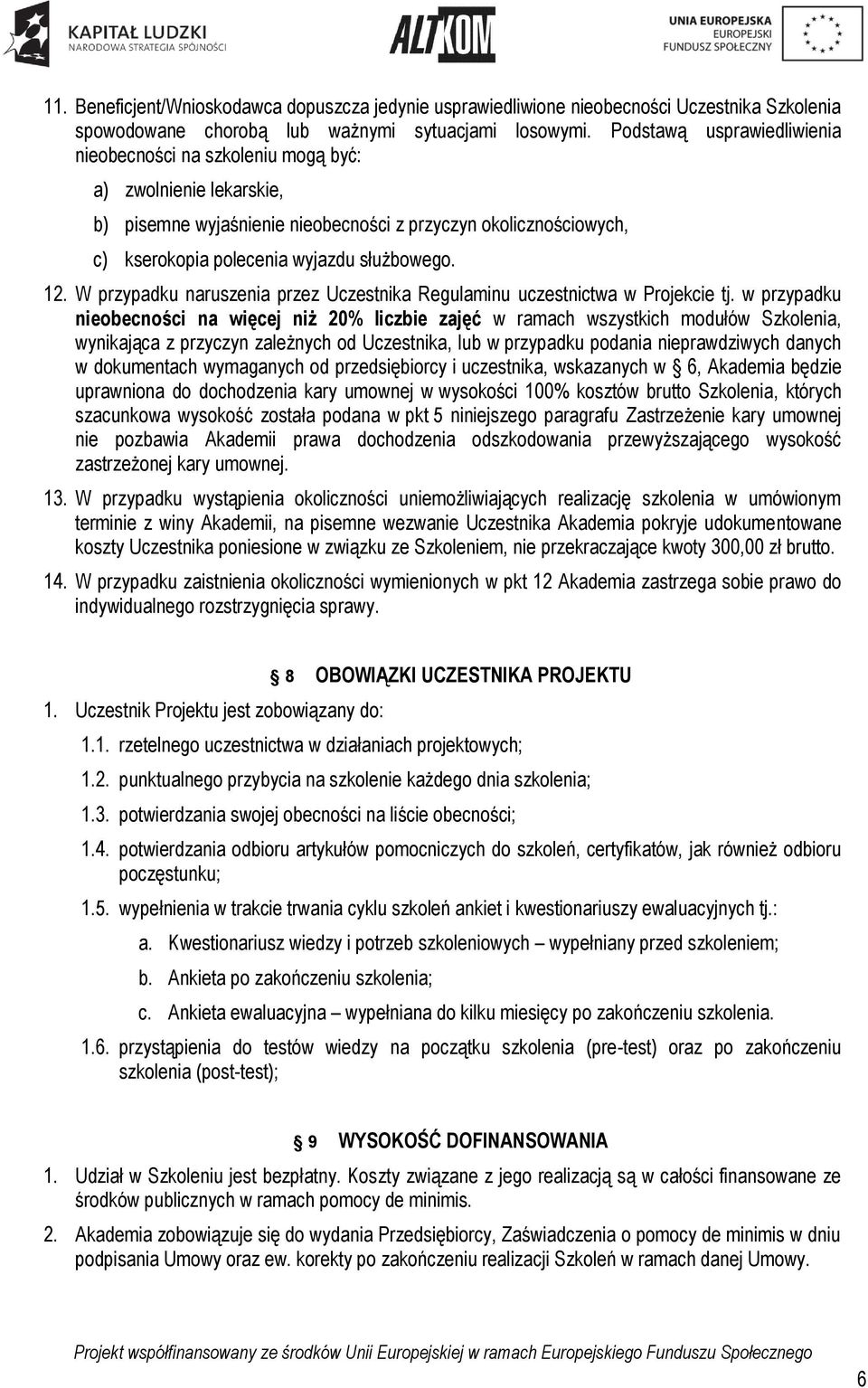 12. W przypadku naruszenia przez Uczestnika Regulaminu uczestnictwa w Projekcie tj.