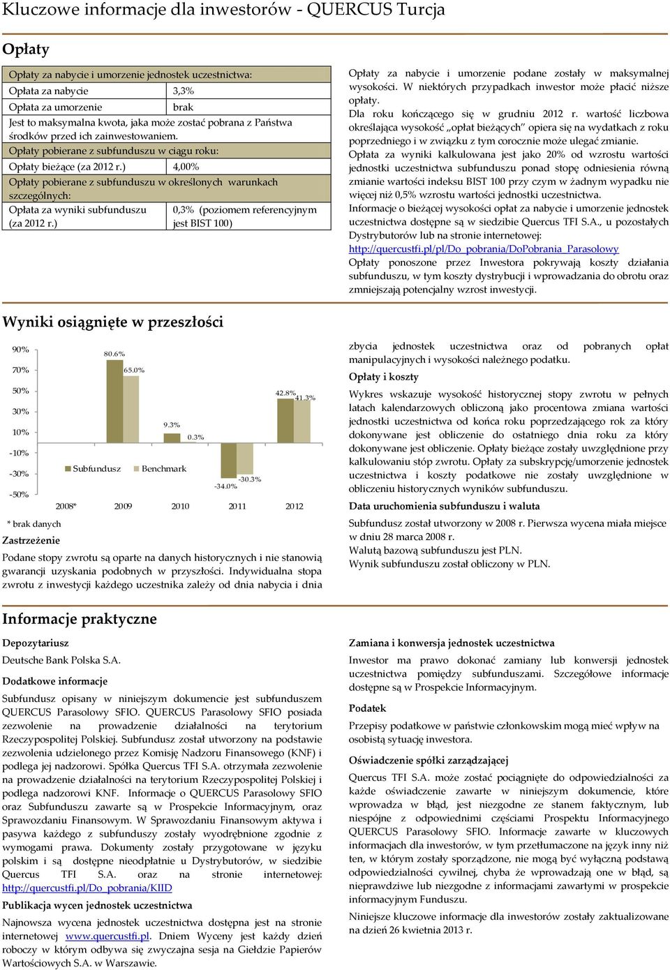 ) 4,00% Opłaty pobierane z subfunduszu w określonych warunkach szczególnych: Opłata za wyniki subfunduszu (za 2012 r.