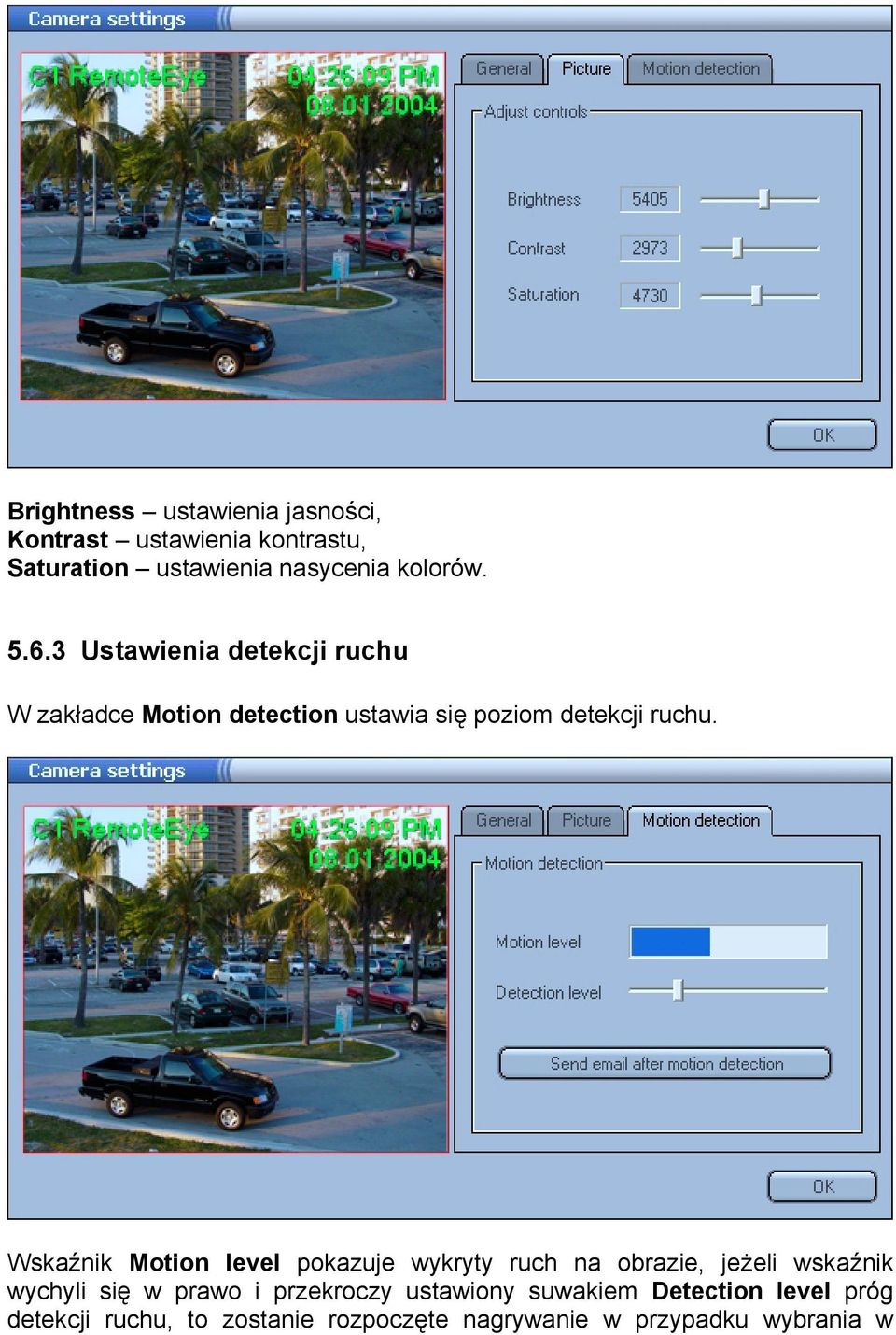 Wskaźnik Motion level pokazuje wykryty ruch na obrazie, jeżeli wskaźnik wychyli się w prawo i