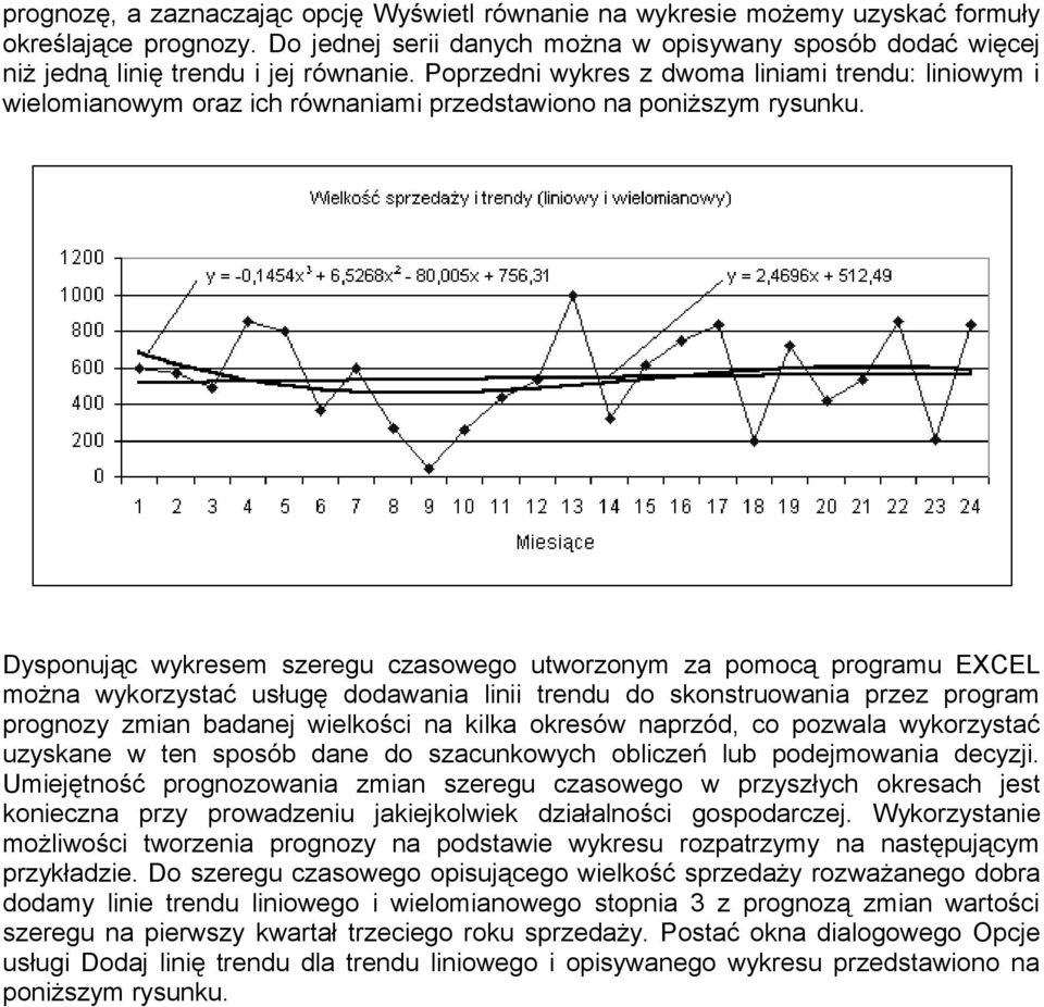 Poprzedni wykres z dwoma liniami trendu: liniowym i wielomianowym oraz ich równaniami przedstawiono na poniższym rysunku.