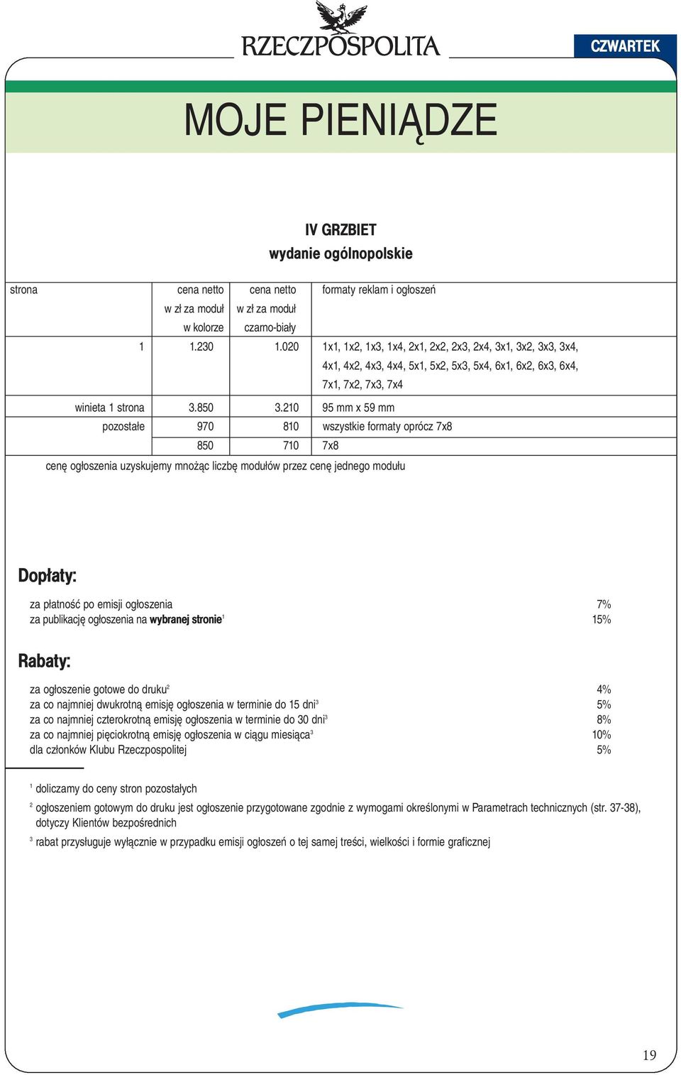 210 95 mm x 59 mm pozostałe 970 810 wszystkie formaty oprócz 7x8 850 710 7x8 cenę ogłoszenia uzyskujemy mnożąc liczbę modułów przez cenę jednego modułu Dopłaty: za płatność po emisji ogłoszenia 7% za