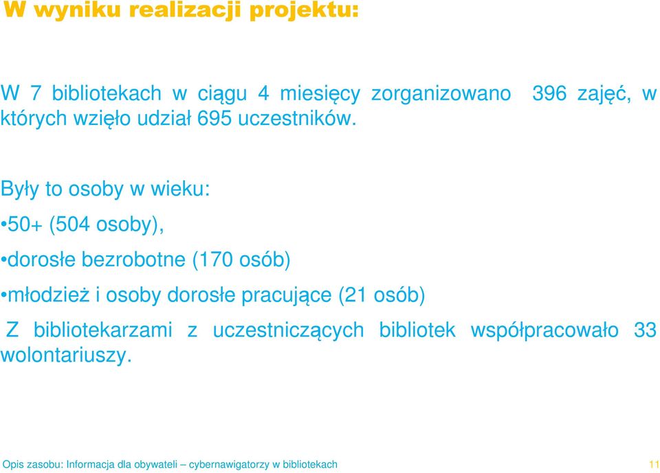 Były to osoby w wieku: 50+ (504 osoby), dorosłe bezrobotne (170 osób) młodzież i