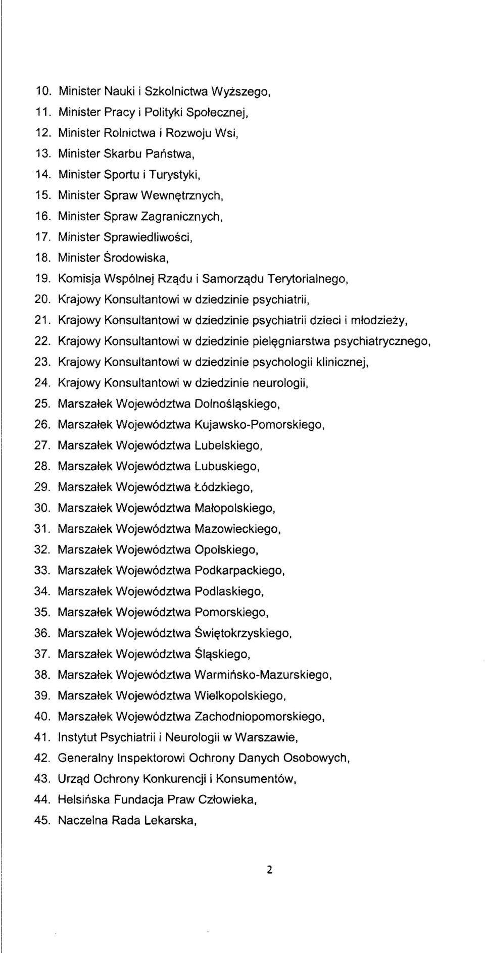 Krajowy Konsultantowi w dziedzinie psyciiiatrii, 21. Krajowy Konsultantowi w dziedzinie psychiatrii dzieci i mtodziezy, 22. Krajowy Konsultantowi w dziedzinie piel^gniarstwa psycliiatrycznego, 23.