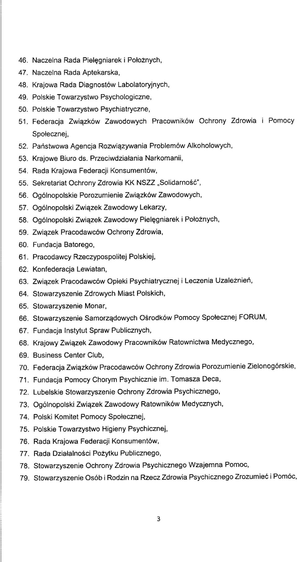Krajowe Biuro ds. Przeciwdziatania Narkomanii, 54. Rada Krajowa Federacji Konsumentow, 55. Sekretariat Ochrony Zdrowia KK NSZZ Soiidarnosc", 56. Ogolnopoiskie Porozumienie Zwigzkow Zawodowych, 57.