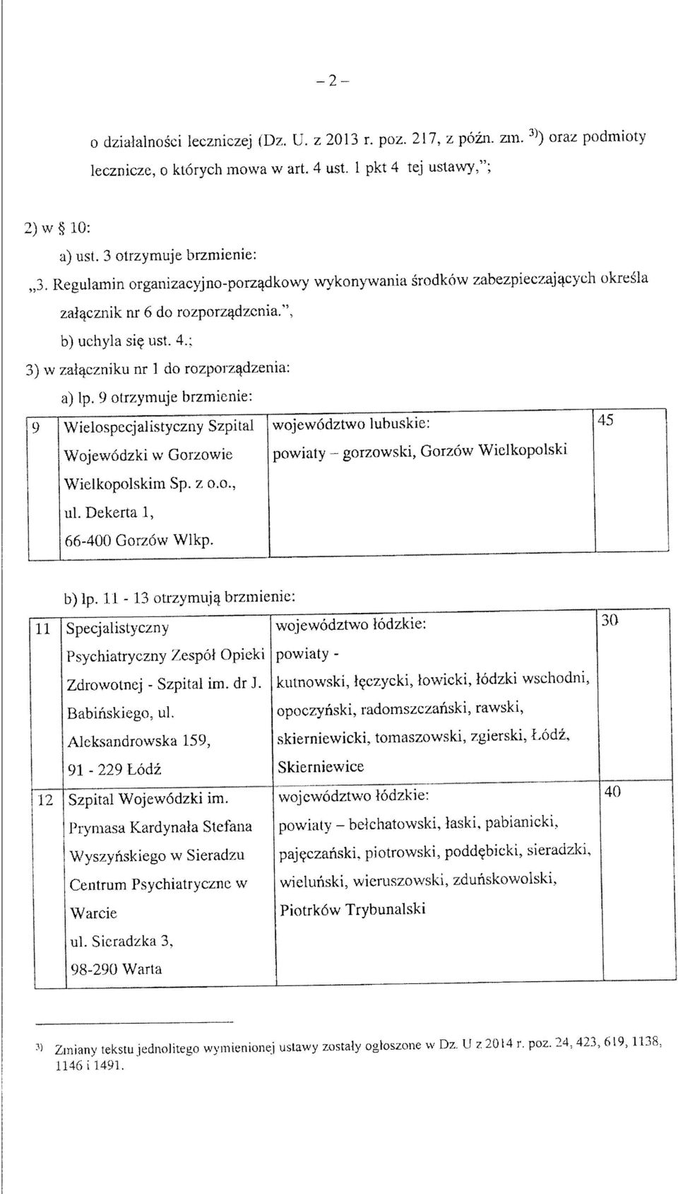 9 otrzymuje brzmienie: 9 Wielcspecjalistyczny Szpilal wojewodztwo lubuskie: 45 Wojewodzki w Gorzowie powiaty - gorzowsld, Gorzow Wielkopolski Wielkopolskim Sp. z o.o., ul. Dekerta.
