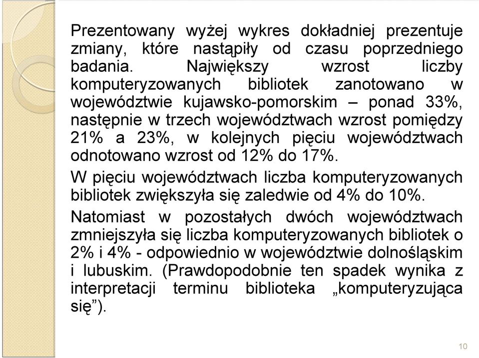 kolejnych pięciu województwach odnotowano wzrost od 12% do 17%. W pięciu województwach liczba komputeryzowanych bibliotek zwiększyła się zaledwie od 4% do 10%.