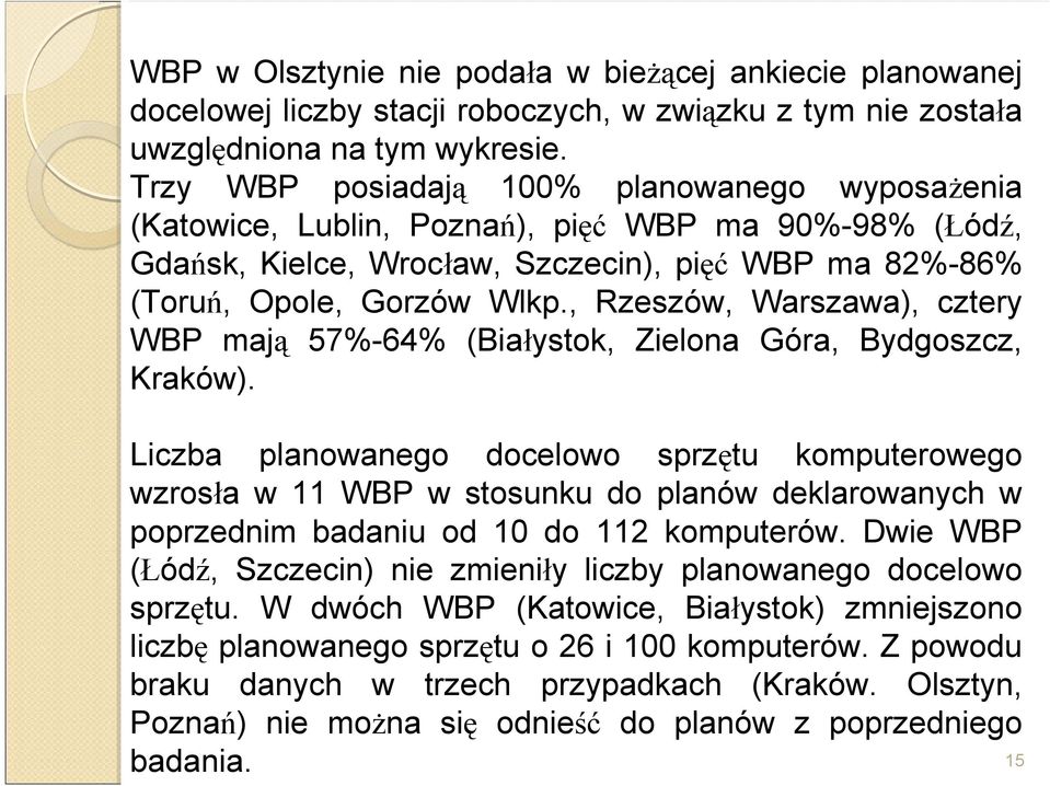 , Rzeszów, Warszawa), cztery WBP mają 57%-64% (Białystok, Zielona Góra, Bydgoszcz, Kraków).