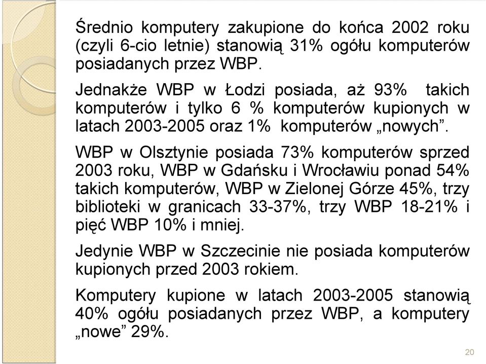WBP w Olsztynie posiada 73% komputerów sprzed 2003 roku, WBP w Gdańsku i Wrocławiu ponad 54% takich komputerów, WBP w Zielonej Górze 45%, trzy biblioteki w