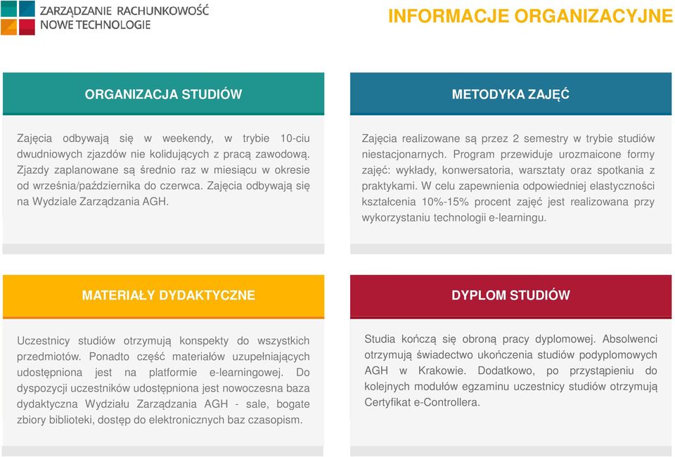 Zajęcia realizowane są przez 2 semestry w trybie studiów niestacjonarnych. Program przewiduje urozmaicone formy zajęć: wykłady, konwersatoria, warsztaty oraz spotkania z praktykami.