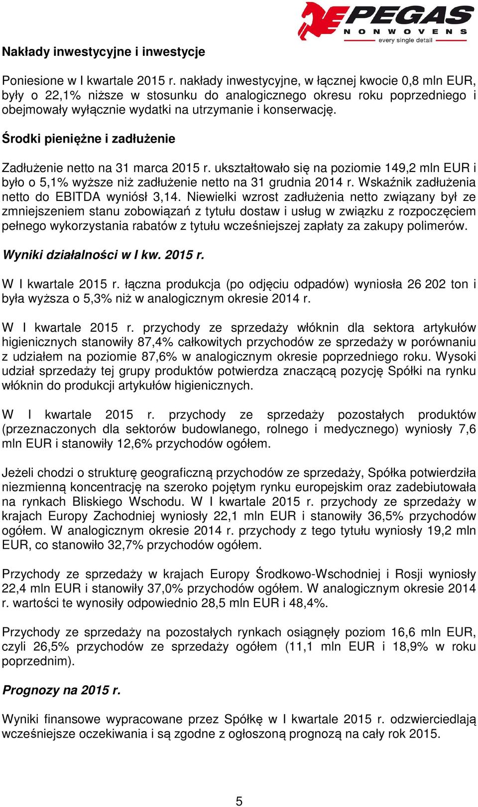 Środki pieniężne i zadłużenie Zadłużenie netto na 31 marca 2015 r. ukształtowało się na poziomie 149,2 mln EUR i było o 5,1% wyższe niż zadłużenie netto na 31 grudnia 2014 r.