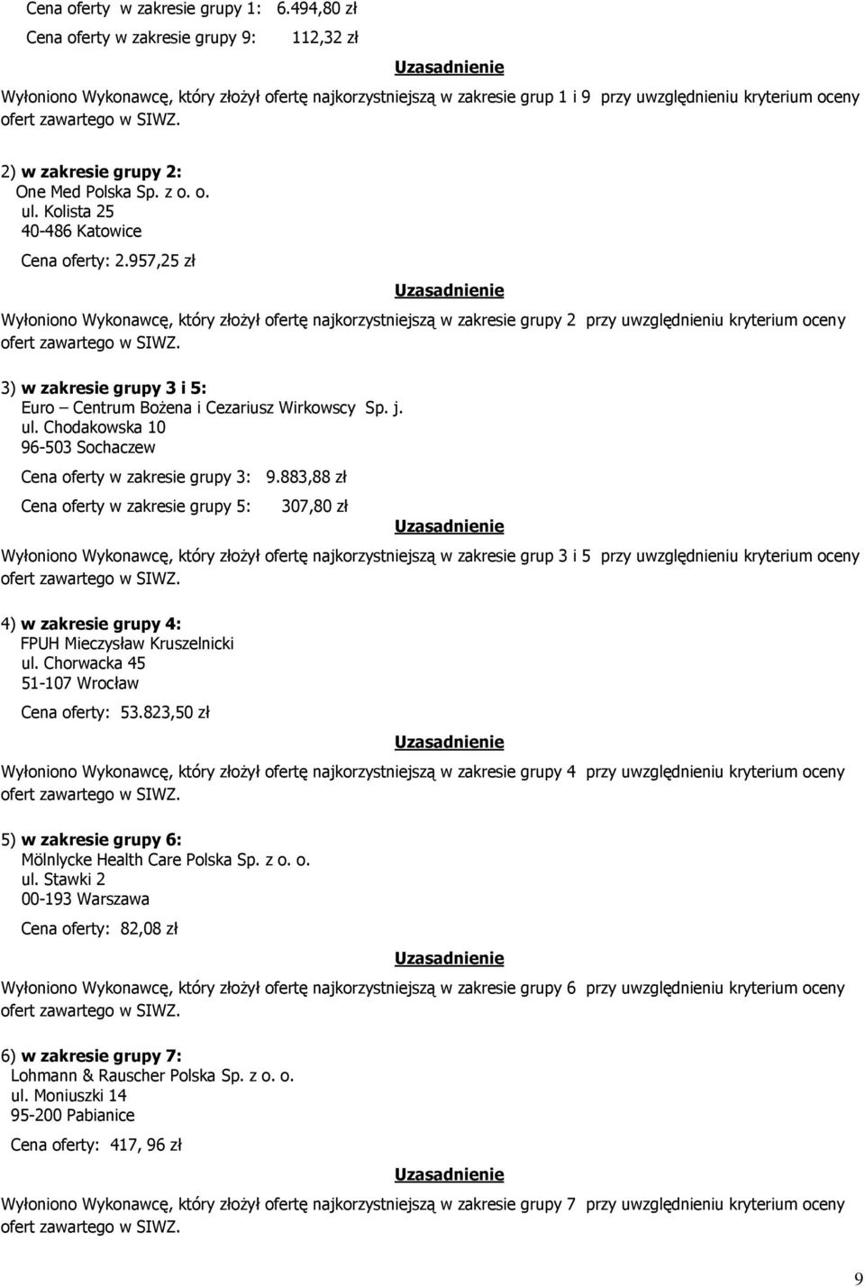 957,25 zł Wyłoniono Wykonawcę, który złożył ofertę najkorzystniejszą w zakresie grupy 2 przy uwzględnieniu kryterium oceny 3) w zakresie grupy 3 i 5: Cena w zakresie grupy 3: 9.