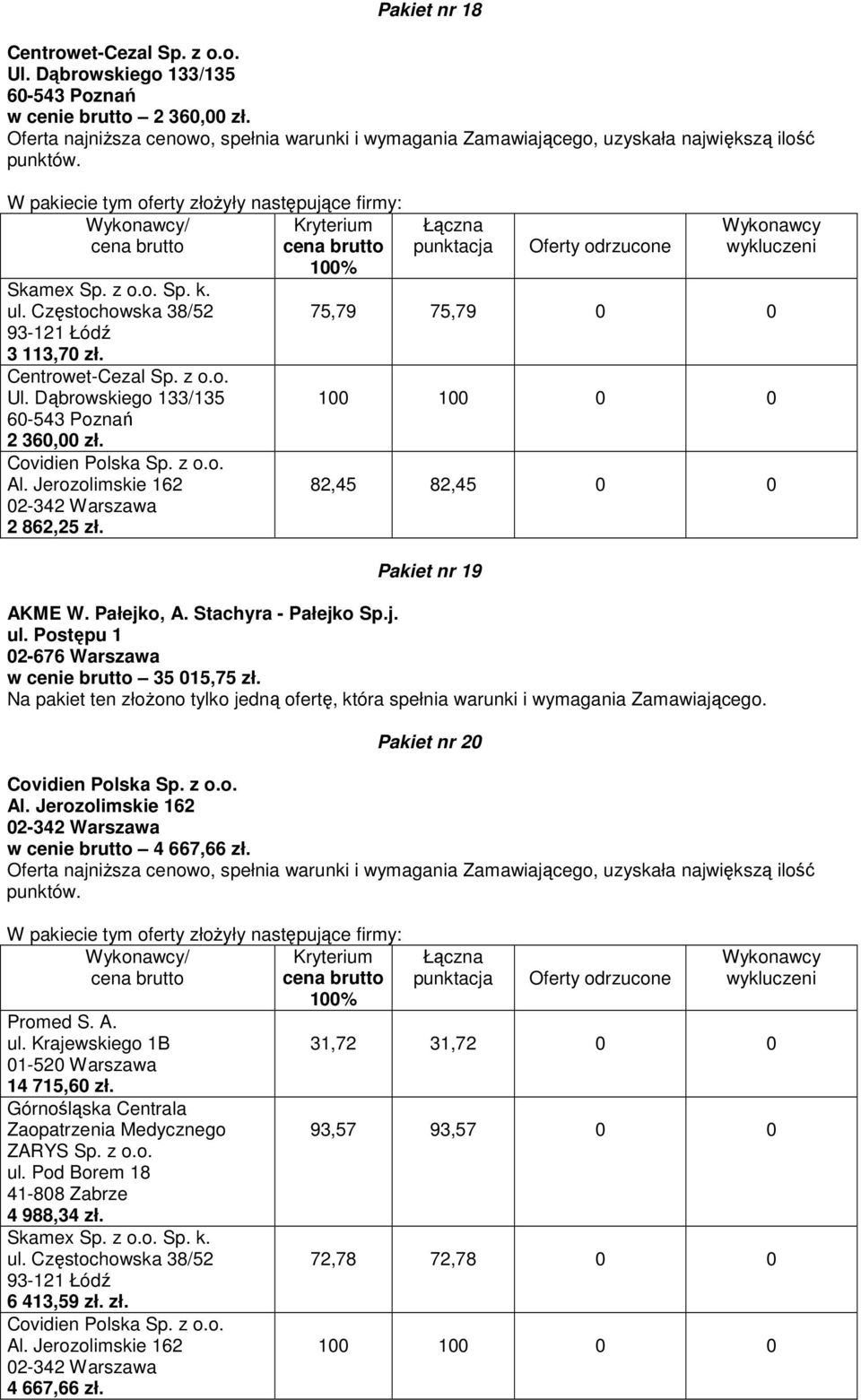 Postępu 1 02-676 Warszawa w cenie brutto 35 015,75 zł. Pakiet nr 20 w cenie brutto 4 667,66 zł. Promed S.