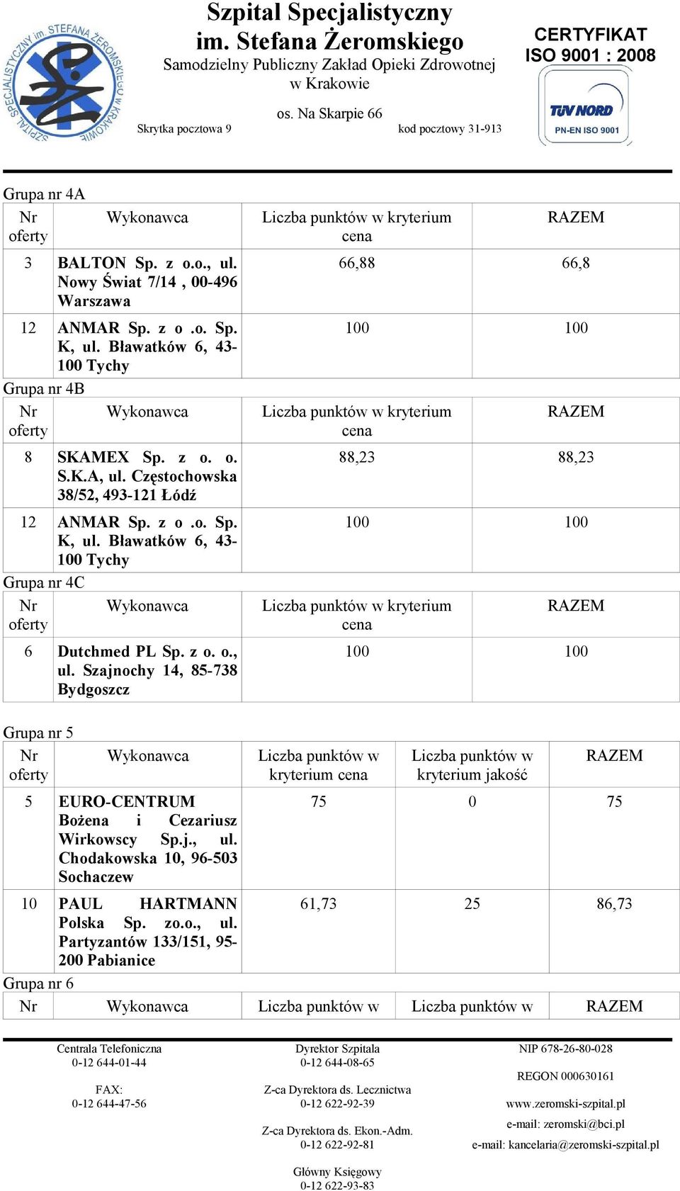 Szajnochy 14, 85-738 Bydgoszcz 66,88 66,8 88,23 88,23 Grupa nr 5 Nr Wykonawca kryterium kryterium jakość 5 EURO-CENTRUM