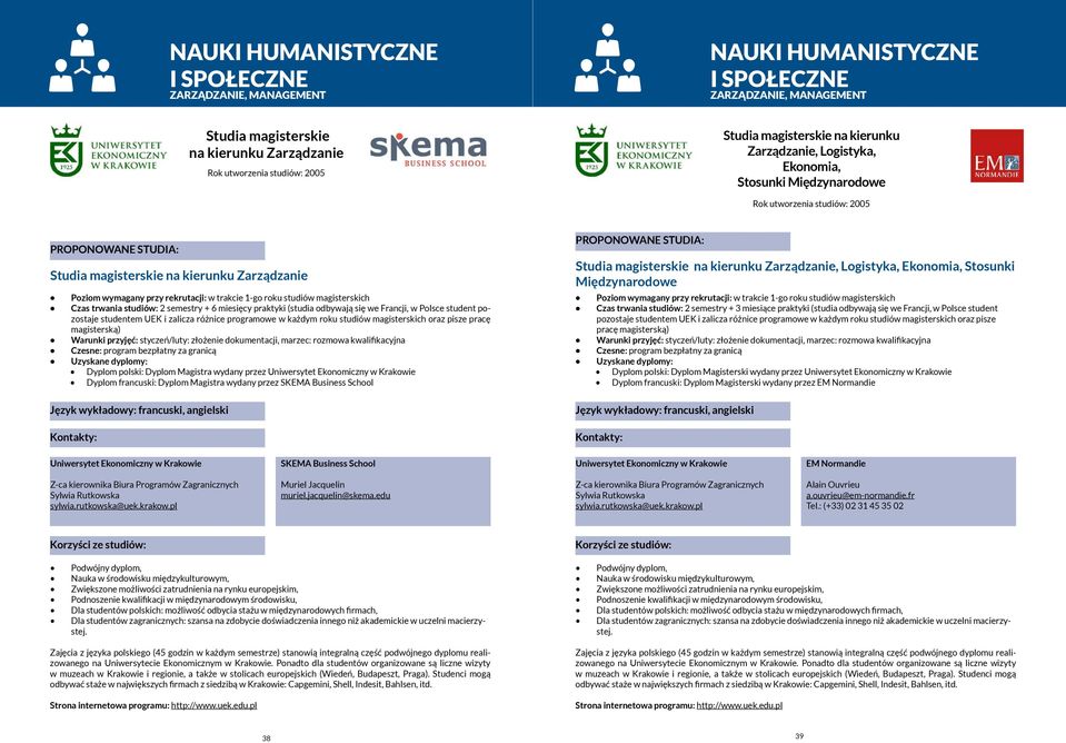 odbywają się we Francji, w Polsce student pozostaje studentem UEK i zalicza różnice programowe w każdym roku studiów magisterskich oraz pisze pracę magisterską) Warunki przyjęć: styczeń/luty: