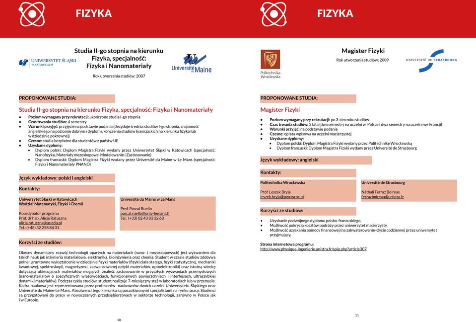 średnia studiów I-go stopnia, znajomość angielskiego na poziomie dobrym i dyplom ukończenia studiów licencjackich na kierunku fizyka lub w dziedzinie pokrewnej) Czesne: studia bezpłatne dla studentów