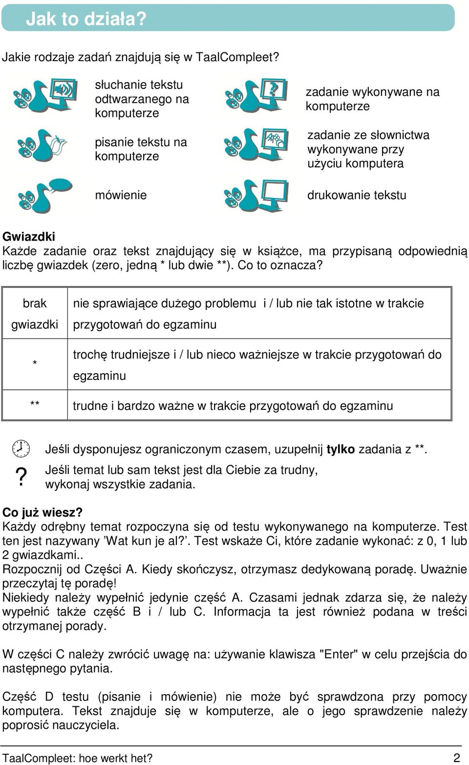 Każde zadanie oraz tekst znajdujący się w książce, ma przypisaną odpowiednią liczbę gwiazdek (zero, jedną * lub dwie **). Co to oznacza?