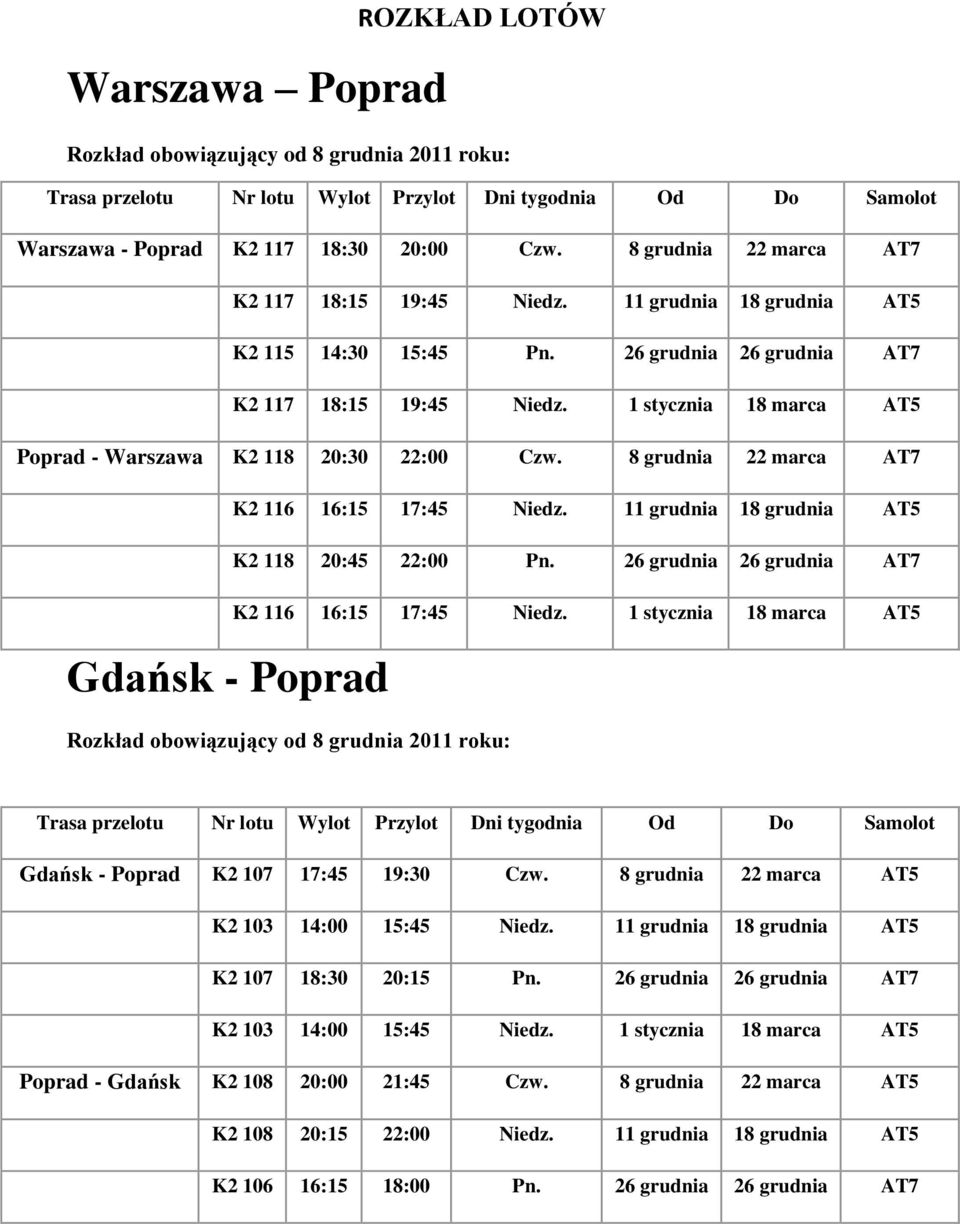 1 stycznia 18 marca AT5 Poprad - Warszawa K2 118 20:30 22:00 Czw. 8 grudnia 22 marca AT7 K2 116 16:15 17:45 Niedz. 11 grudnia 18 grudnia AT5 K2 118 20:45 22:00 Pn.