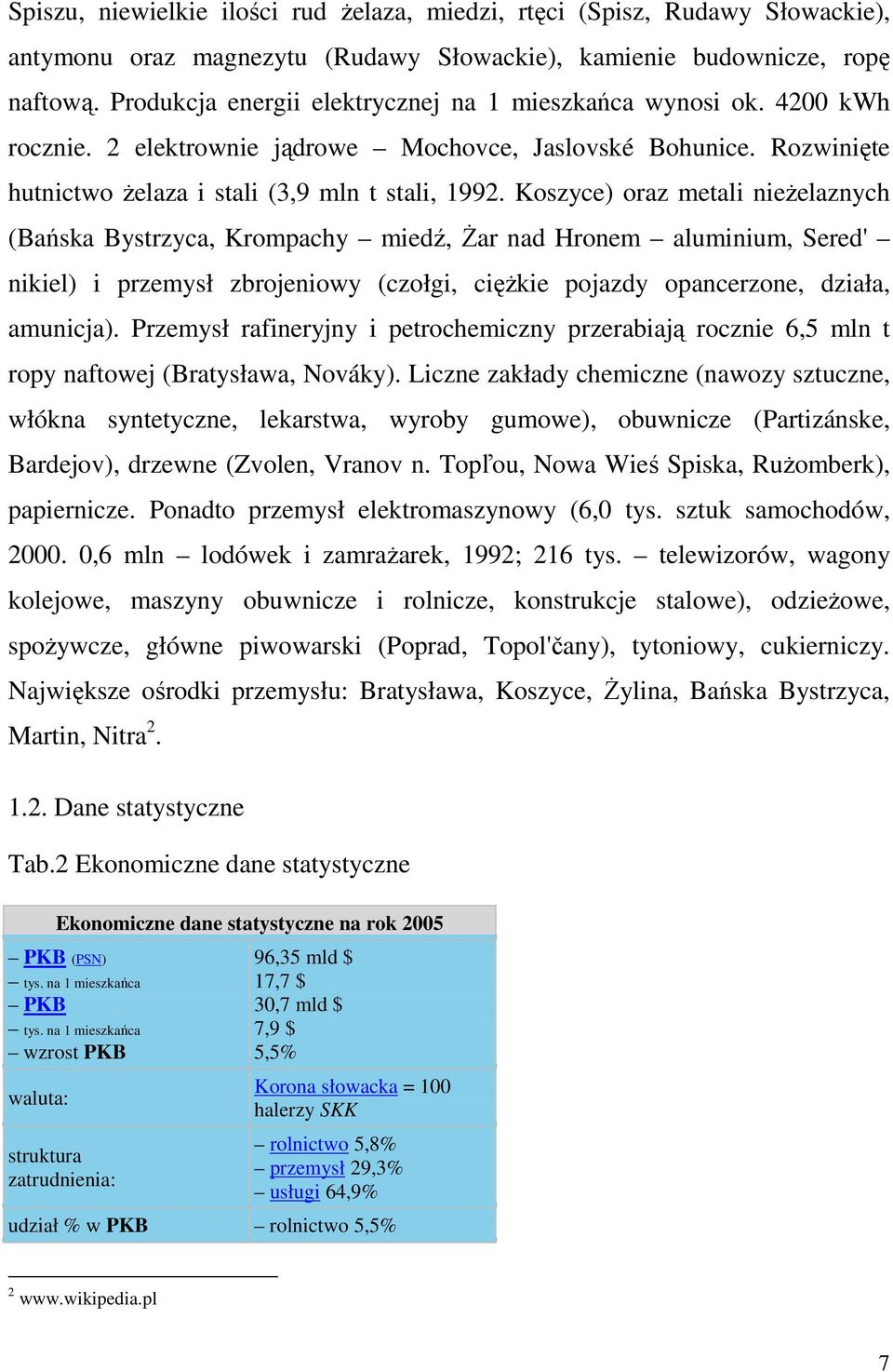 Koszyce) oraz metali nieŝelaznych (Bańska Bystrzyca, Krompachy miedź, śar nad Hronem aluminium, Sered' nikiel) i przemysł zbrojeniowy (czołgi, cięŝkie pojazdy opancerzone, działa, amunicja).