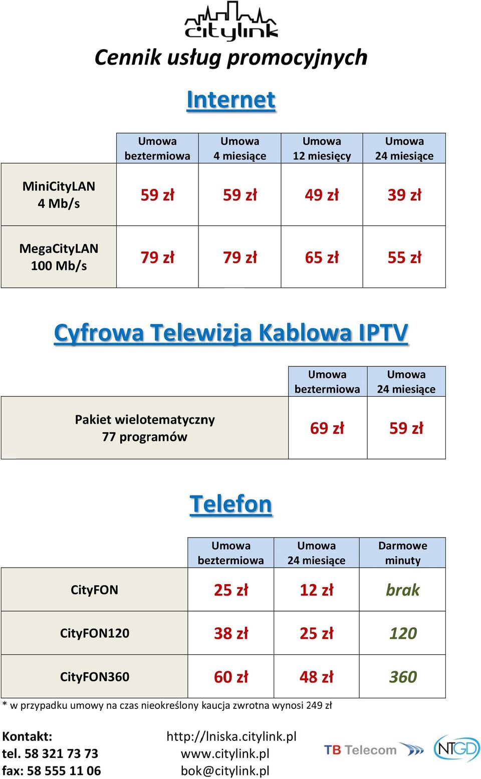 wielotematyczny 77 programów U 69 59 Telefon Darmowe minuty CityFON 25 122 brak CityFON120