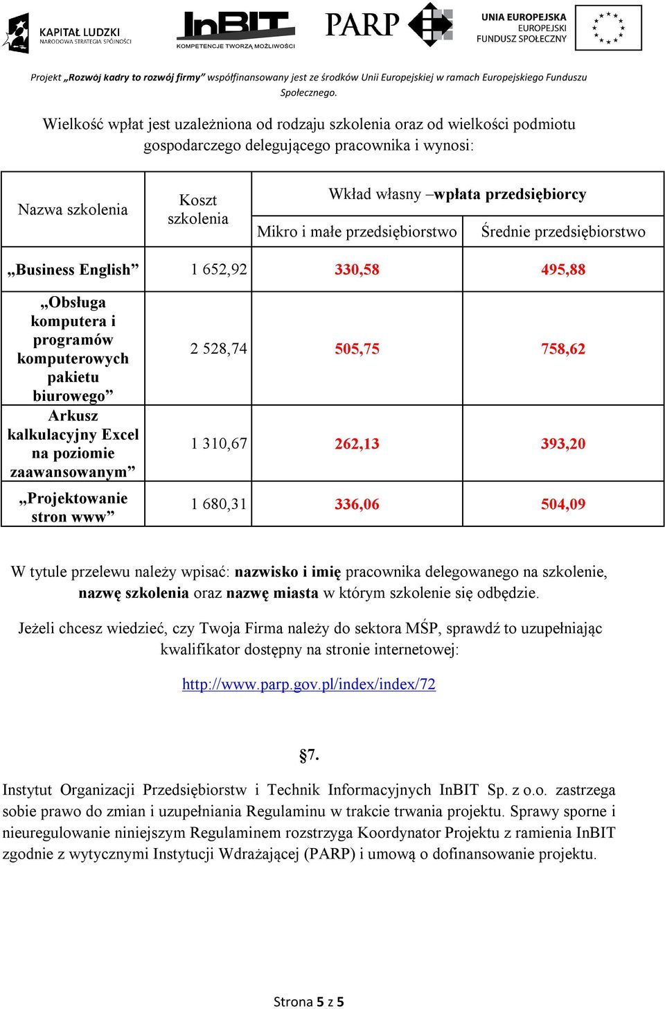 zaawansowanym Projektowanie stron www 2 528,74 505,75 758,62 1 310,67 262,13 393,20 1 680,31 336,06 504,09 W tytule przelewu należy wpisać: nazwisko i imię pracownika delegowanego na szkolenie, nazwę