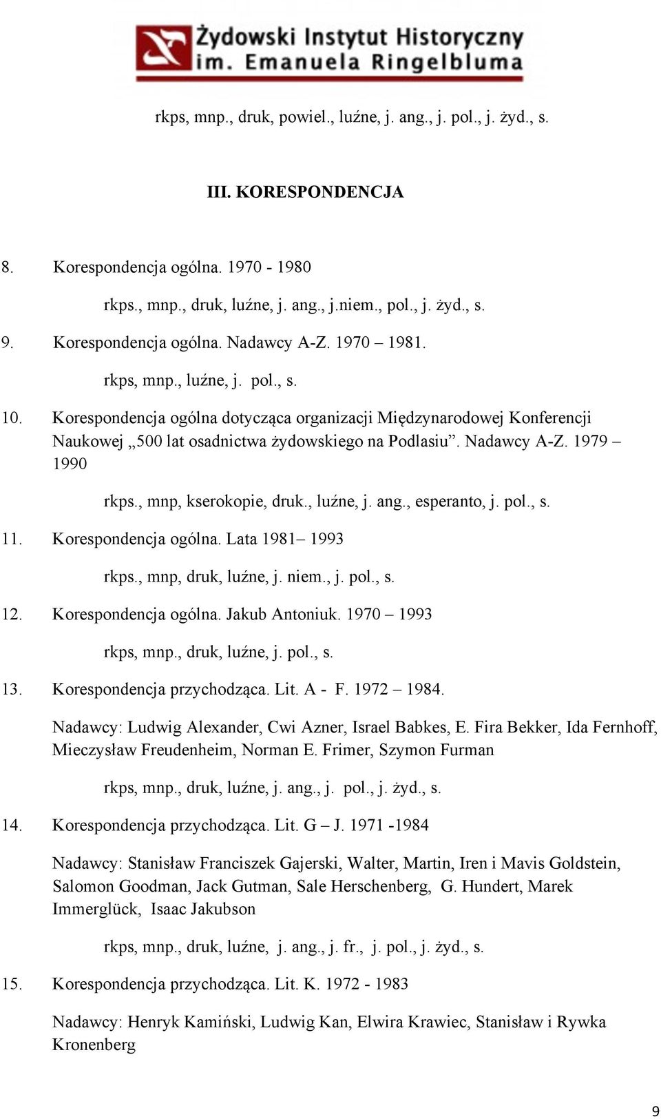 Korespondencja ogólna dotycząca organizacji Międzynarodowej Konferencji Naukowej 500 lat osadnictwa żydowskiego na Podlasiu. Nadawcy A-Z. 1979 1990 rkps., mnp, kserokopie, druk., luźne, j. ang.