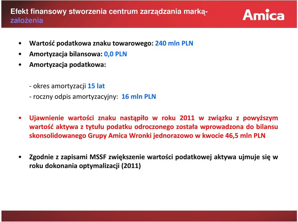 2011 w związku z powyższym wartość aktywa z tytułu podatku odroczonego została wprowadzona do bilansu skonsolidowanego Grupy Amica Wronki