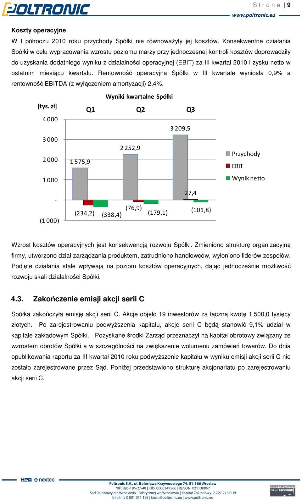 2010 i zysku netto w ostatnim miesiącu kwartału. Rentowność operacyjna Spółki w III kwartale wyniosła 0,9% a rentowność EBITDA (z wyłączeniem amortyzacji) 2,4%. [tys.