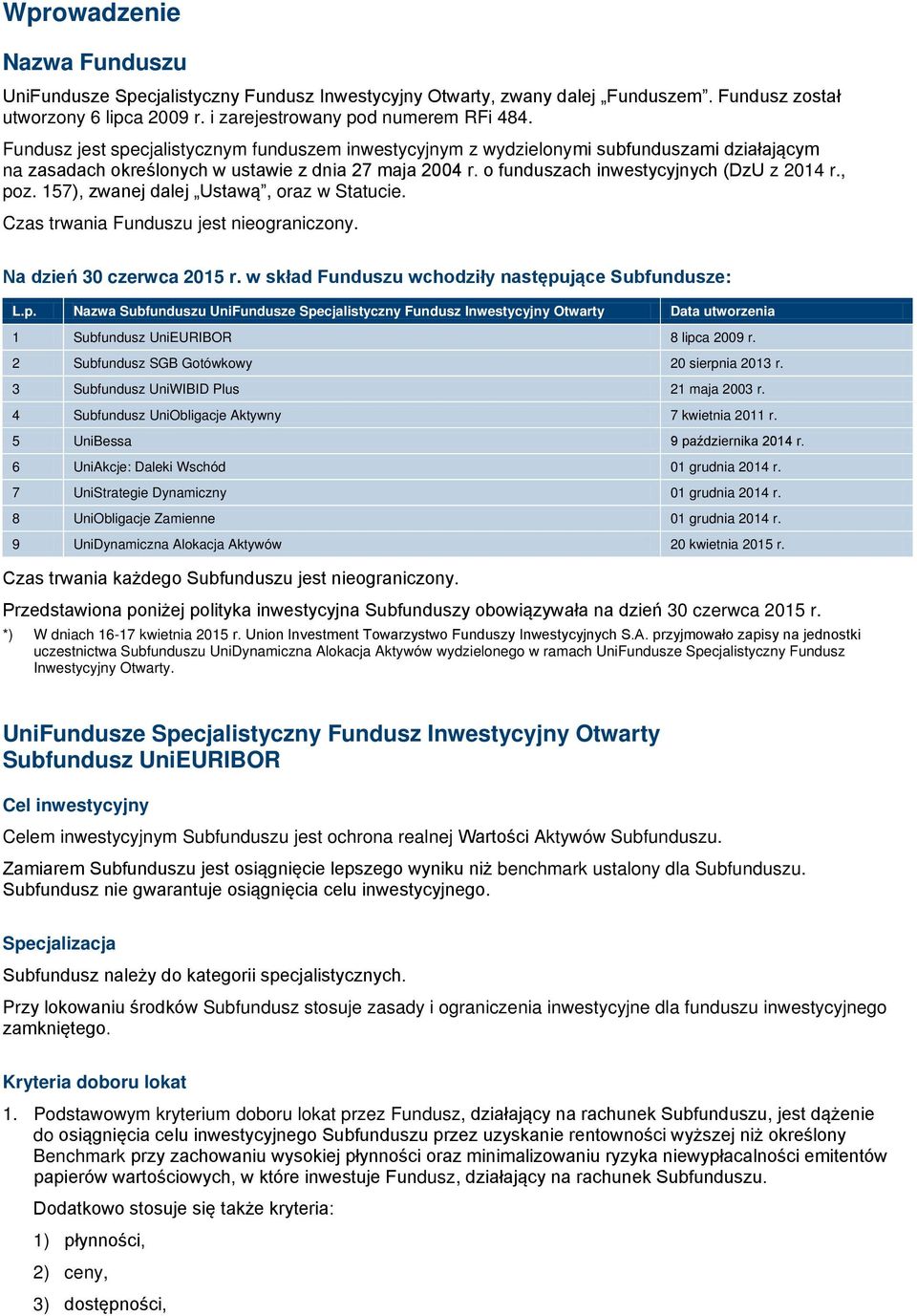 157), zwanej dalej Ustawą, oraz w Statucie. Czas trwania Funduszu jest nieograniczony. Na dzień 30 czerwca 2015 r. w skład Funduszu wchodziły następu