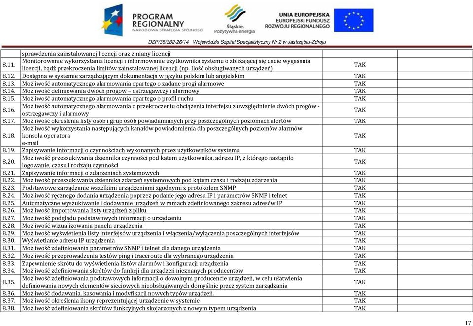 Możliwość automatycznego alarmowania opartego o zadane progi alarmowe 8.14. Możliwość definiowania dwóch progów ostrzegawczy i alarmowy 8.15.