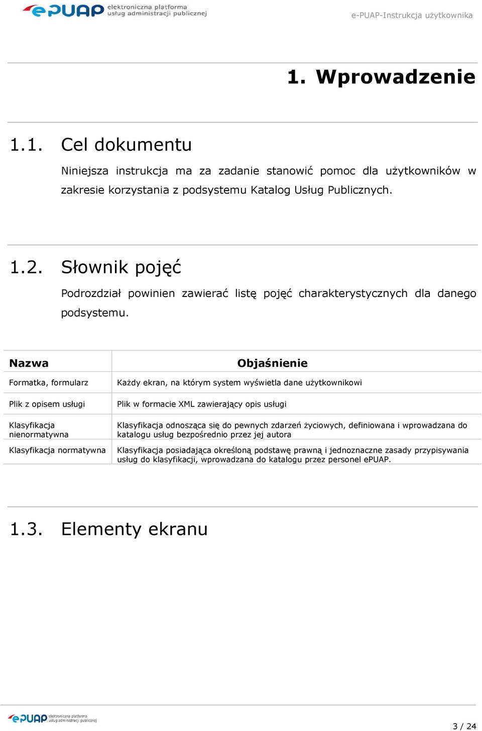 Nazwa Formatka, formularz Plik z opisem usługi Klasyfikacja nienormatywna Klasyfikacja normatywna Objaśnienie KaŜdy ekran, na którym system wyświetla dane uŝytkownikowi Plik w formacie XML