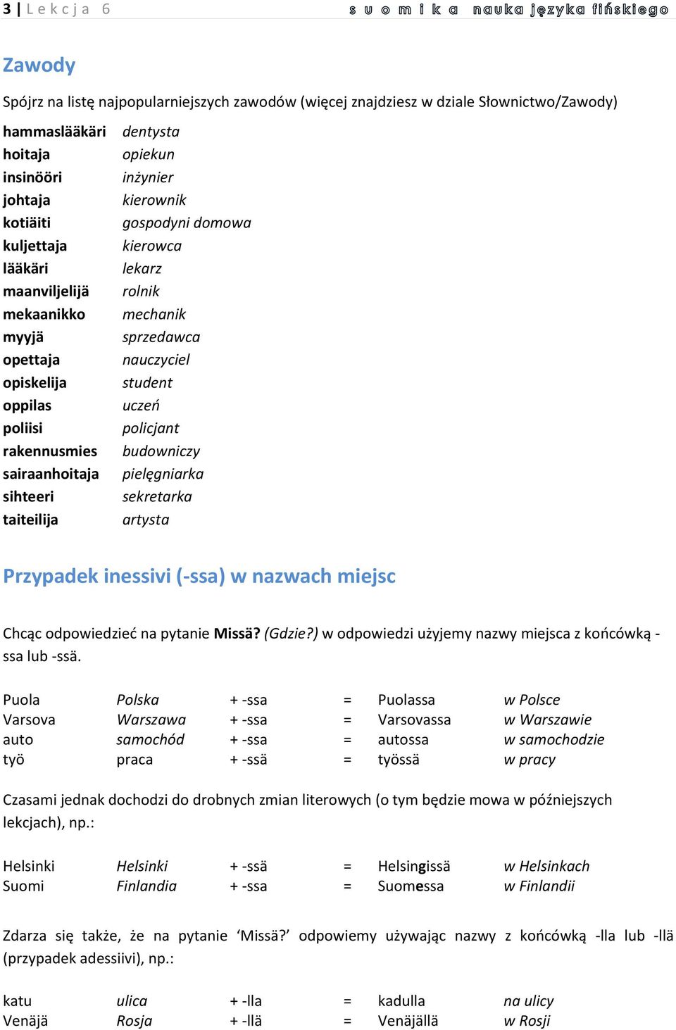 nauczyciel student uczeo policjant budowniczy pielęgniarka sekretarka artysta Przypadek inessivi (-ssa) w nazwach miejsc Chcąc odpowiedzied na pytanie Missä? (Gdzie?