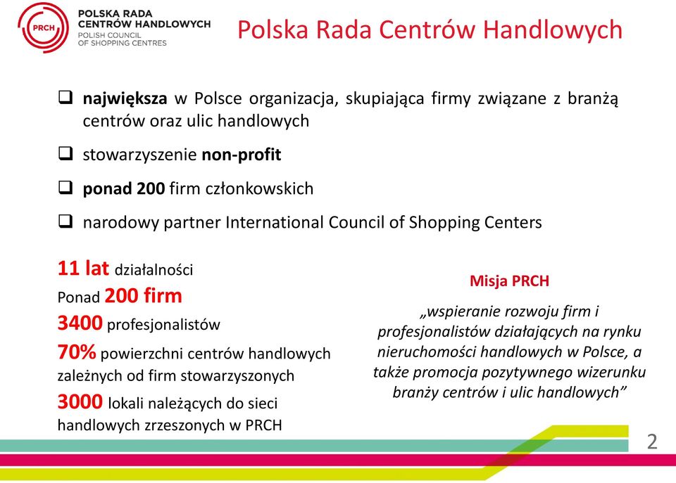 powierzchni centrów handlowych zależnych od firm stowarzyszonych 3000 lokali należących do sieci handlowych zrzeszonych w PRCH Misja PRCH wspieranie