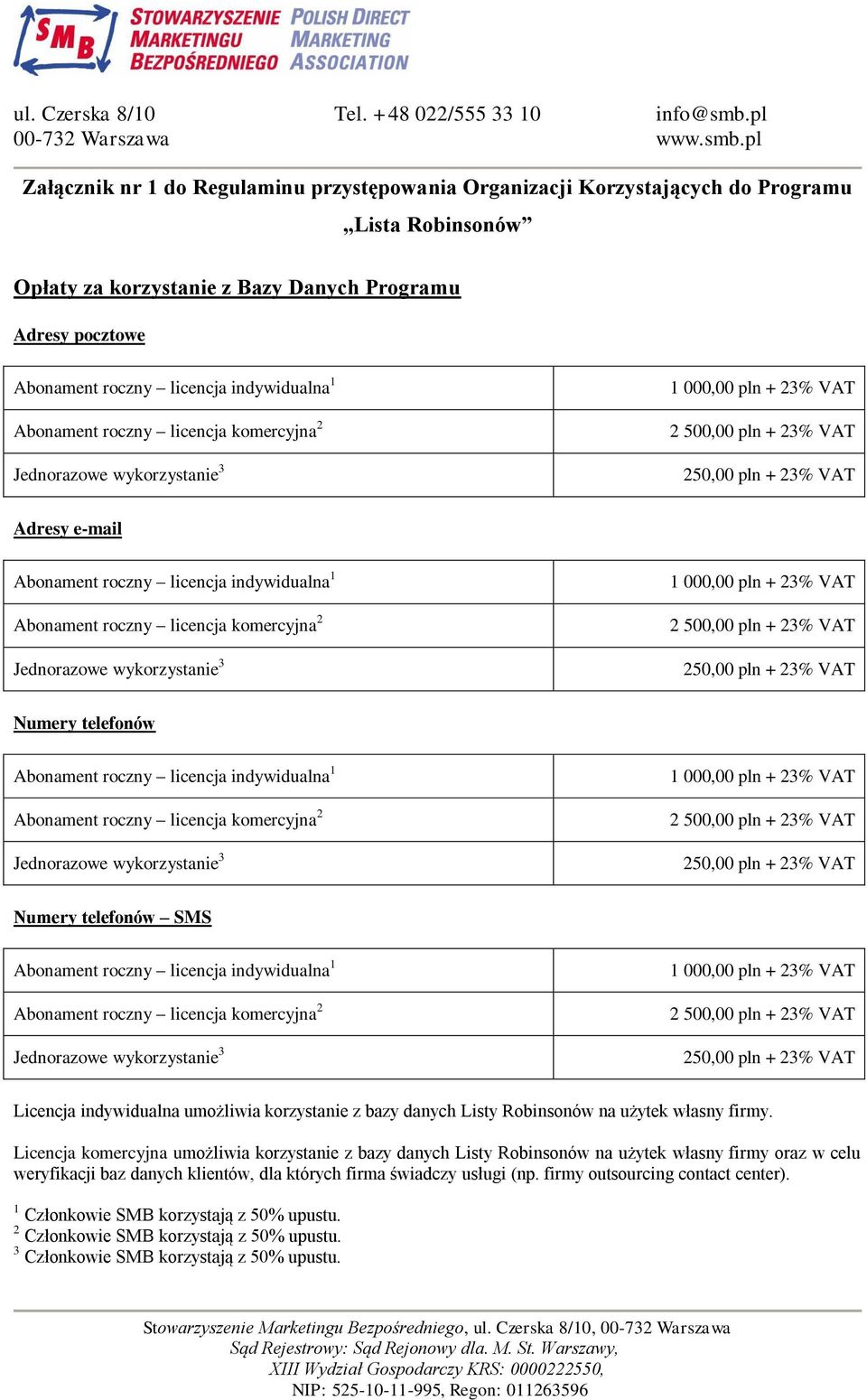 Abonament roczny licencja komercyjna 2 Jednorazowe wykorzystanie 3 1 000,00 pln + 23% VAT 2 500,00 pln + 23% VAT 250,00 pln + 23% VAT Numery telefonów Abonament roczny licencja indywidualna 1