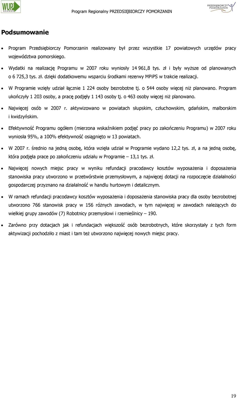 o 544 osoby więcej niż planowano. Program ukończyły 1 203 osoby, a pracę podjęły 1 143 osoby tj. o 463 osoby więcej niż planowano. Najwięcej osób w 2007 r.