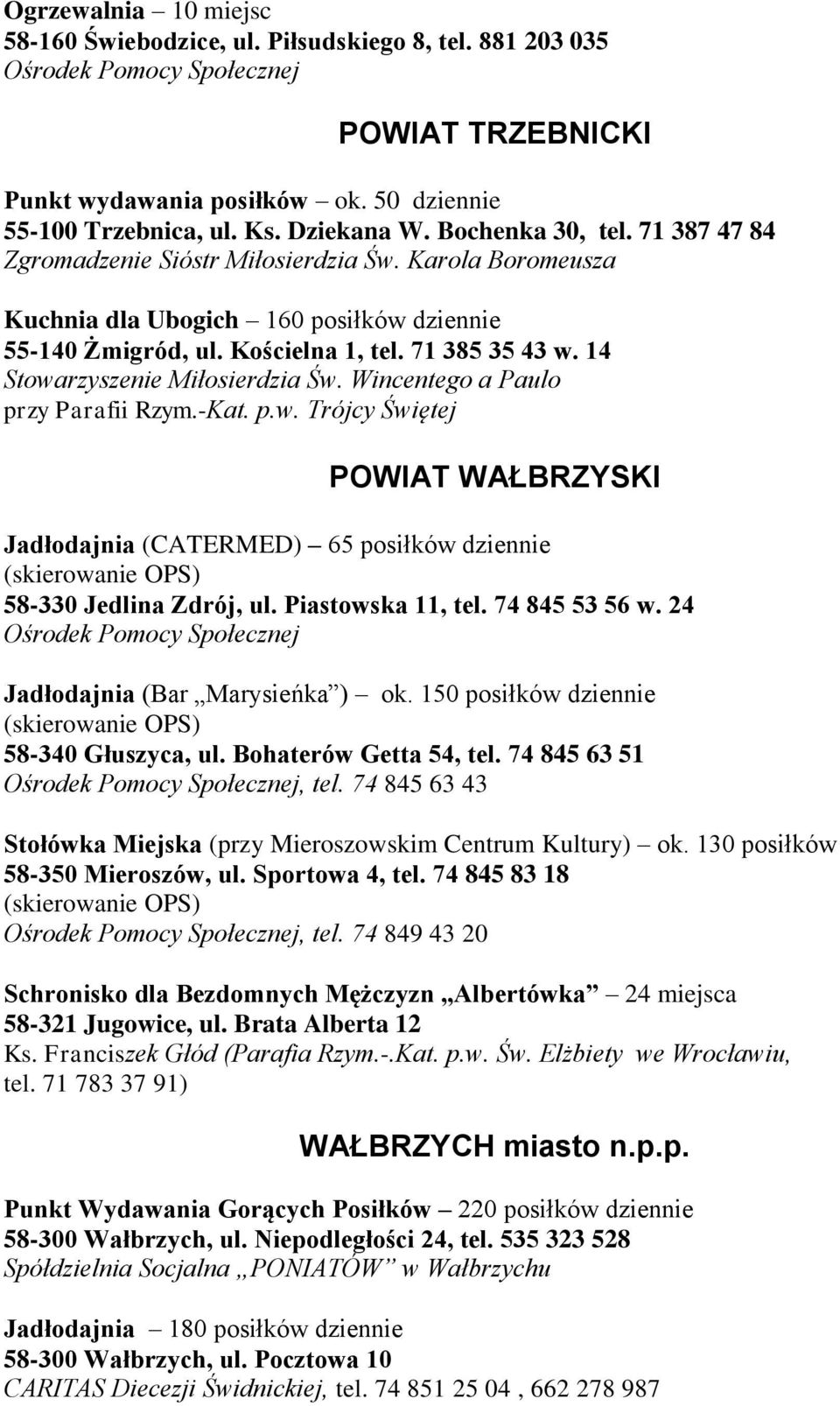 14 Stowarzyszenie Miłosierdzia Św. Wincentego a Paulo przy Parafii Rzym.-Kat. p.w. Trójcy Świętej POWIAT WAŁBRZYSKI Jadłodajnia (CATERMED) 65 posiłków dziennie (skierowanie OPS) 58-330 Jedlina Zdrój, ul.